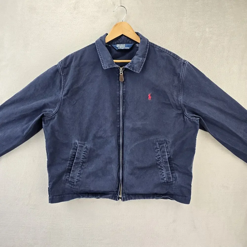 Vintage Polo Ralph Lauren Harrington Jacket Mens XL Navy Blue Plaid Collar 90s